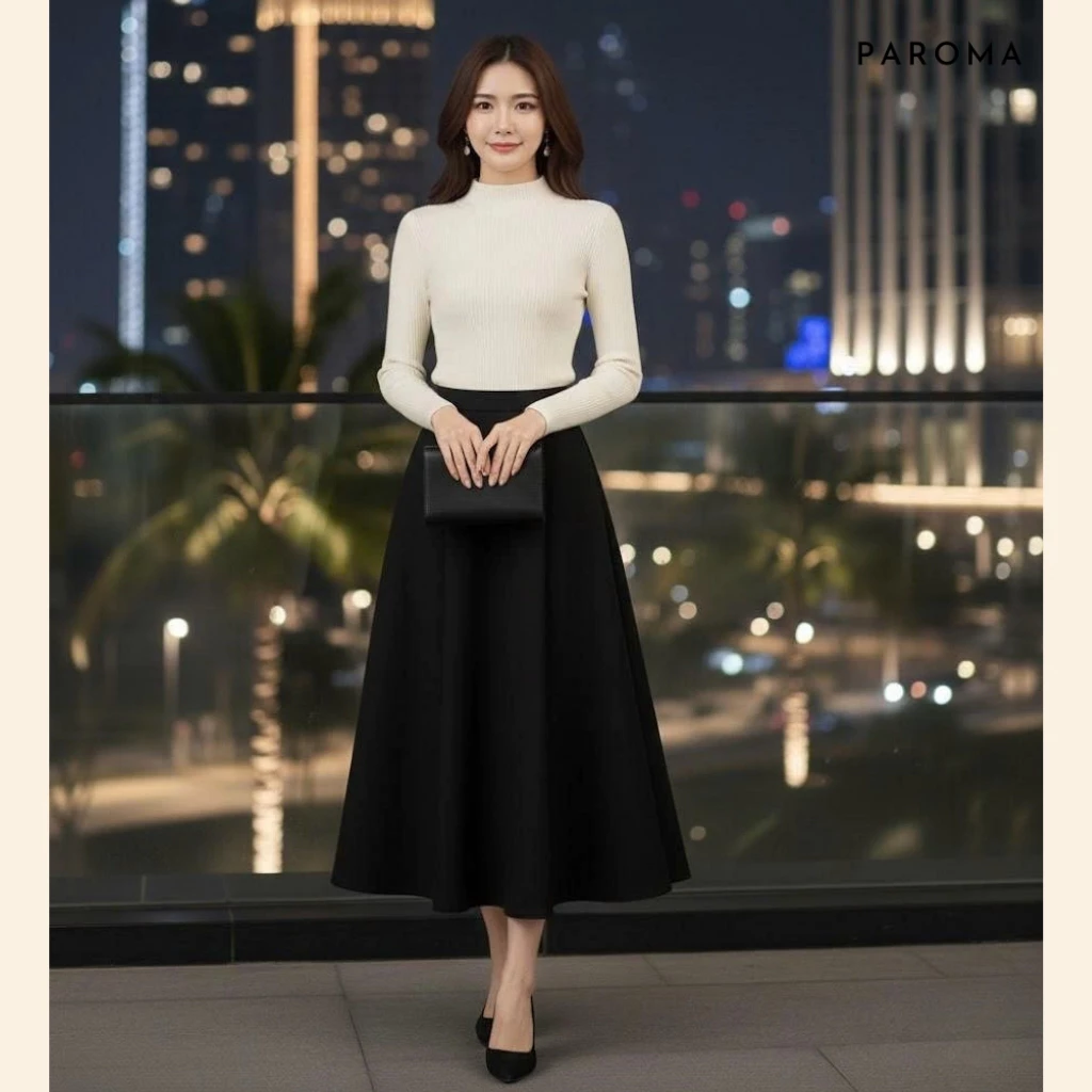 Chân Váy Dài Dáng Xòe PAROMA V6 Màu Đen Cạp Cao Hack Dáng, Chất Tuyết Thun Dày Dặn Co Gian Nhẹ