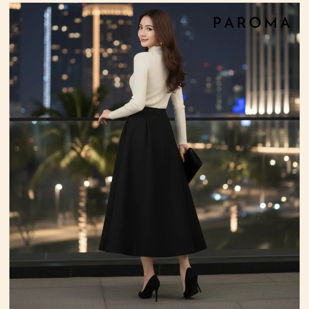 Chân Váy Dài Dáng Xòe PAROMA V6 Màu Đen Cạp Cao Hack Dáng, Chất Tuyết Thun Dày Dặn Co Gian Nhẹ